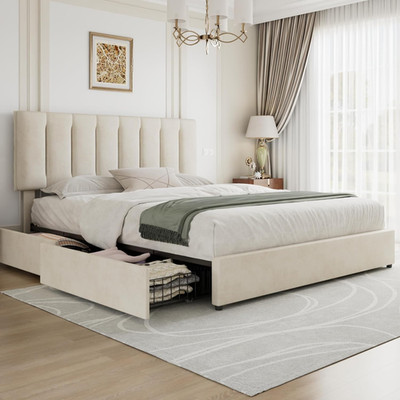 King Size Bed Frame with Storage Drawers & Adjustable Headboard - Beige