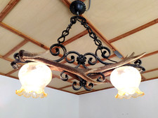 Hirschgeweih-Lampe, 2-flammig, 8-Ender, Schmiedeeisen, Handarbeit, Unikat