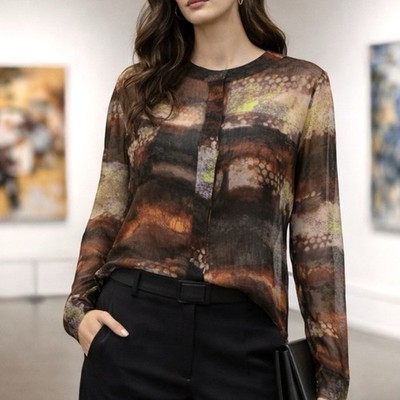 Democracy Abstract Print Sheer Top Size Large Y2K Avant-Garde Artwear Layering