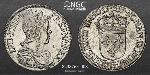 1651 H, Royal France, Louis XIV. Rare Silver 1/2 Ecu Coin. La Rochelle! NGC UNC+