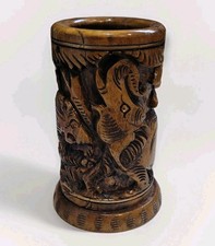 Hand Carved Indian Wooden Pen Pencil Holder Pot Safari Hunt Elephant Lion