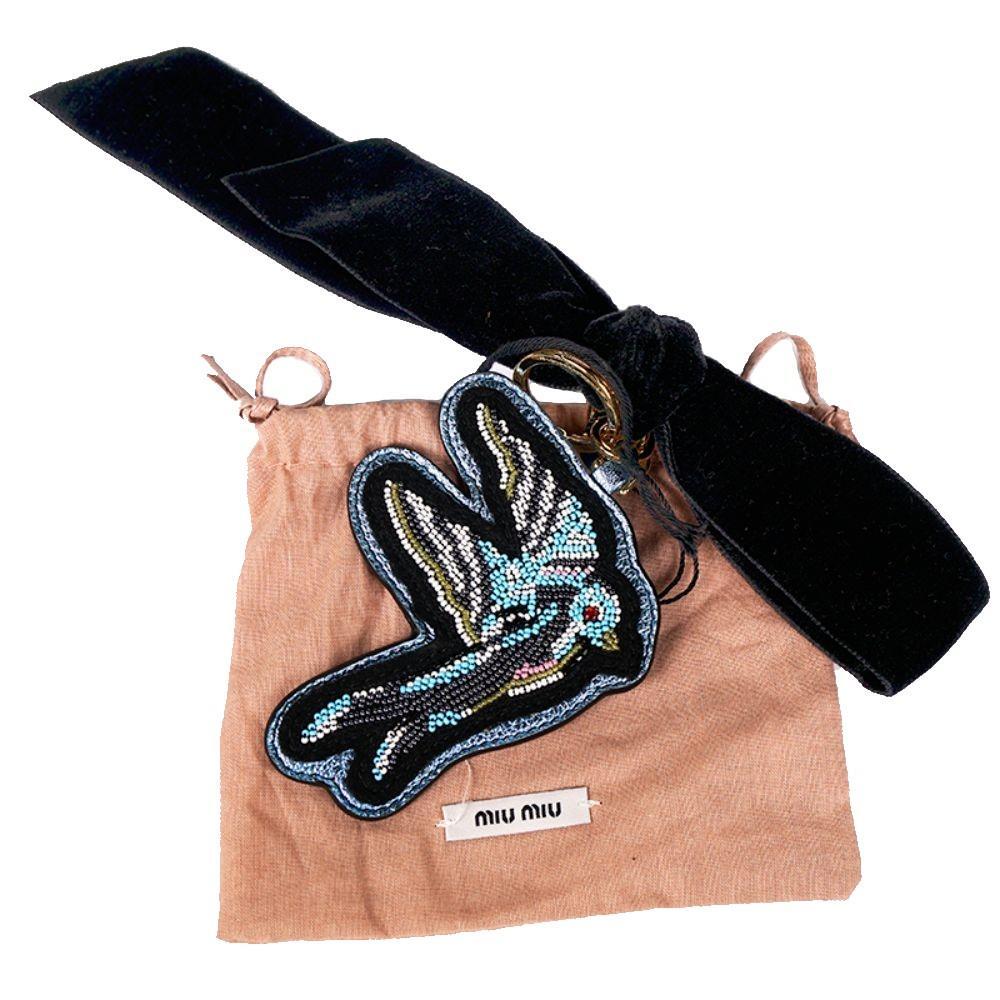 Miu Miu Trick Plex Blason Beaded Blue Bird Black Velvet Bow