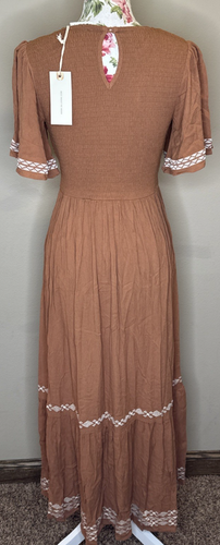 In Loom Dress Womens Sz S Brown Embroidered Smocked Cottage Boho Maxi NWT - Picture 3 of 9