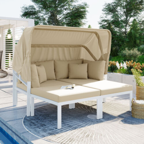 3-Piece Patio Daybed with Outdoor Metal Sectional Sofa Set Sun Lounger, Beige