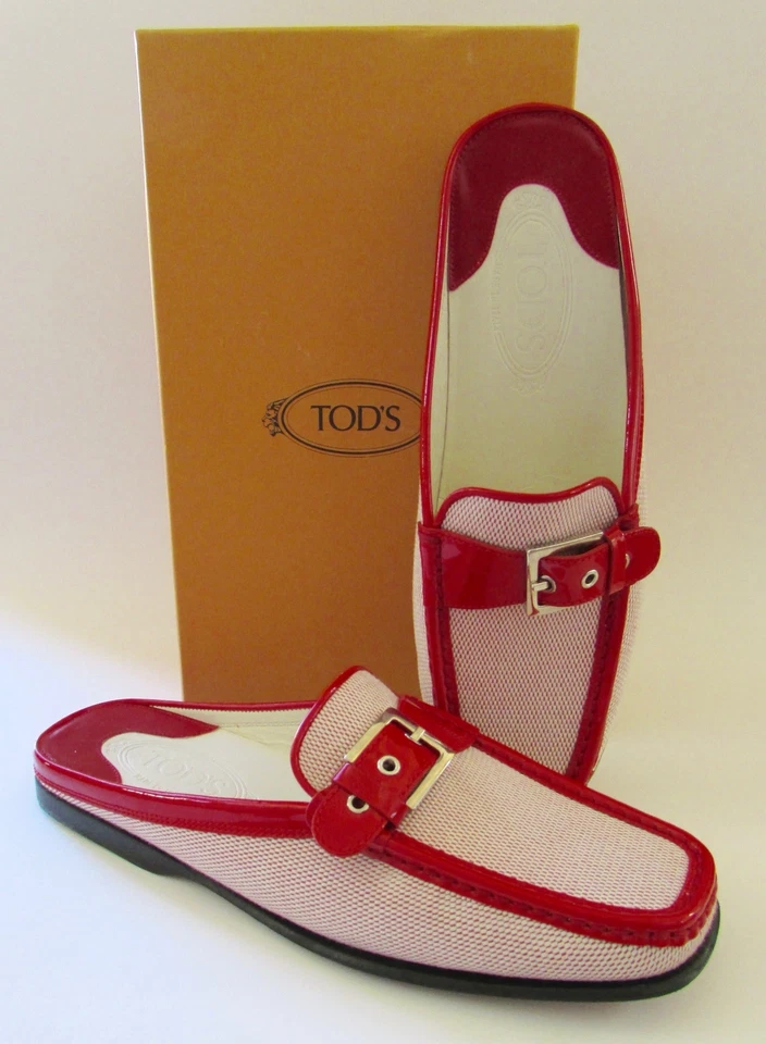 NUEVO EN CAJA TOD'S Italia Mules/Mocasines Rojo Charol "Pellame Check" Talla 9.5