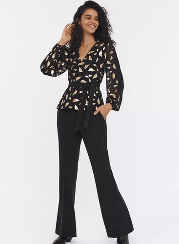 Diane Von Furstenberg XS $268 Jessa Gold Lip Wrap Top Black Chiffon Tie Waist - Picture 6 of 9