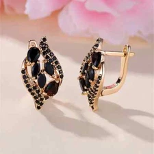 Golden Leaf Clip Earrings, Black Zircon Women Earrings, Trendy Sweet Wedding