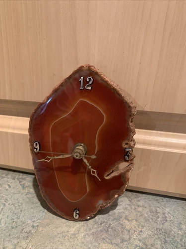 Vtg Mantal Clock in Polished Natural Amber Color Agate Stone Tochigi Tokei Japan