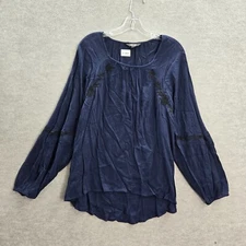 Simply Vera Vera Wang Women Top Large Blue Floral Blouse Balloon Sleeve Pullover