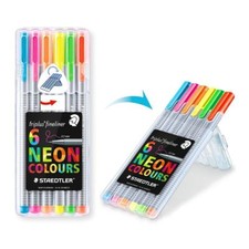 Staedtler Triplus Fineliner Neon 6 Color Pens in Case, 0.3mm, Metal Clad Tip
