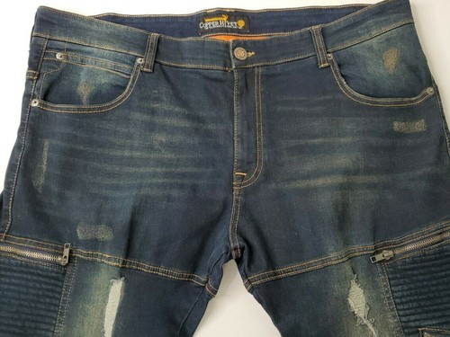 Copper Rivet Men Size 40 34 Distressed Dremeled Moto Dark Blue Jeans Zippers EUC - Picture 2 of 11