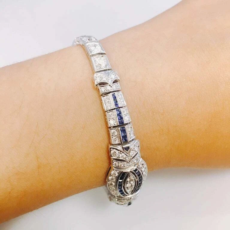 7.24TCW Blue Sapphire With Vivid White Zircon Art Deco Style Engagement Bracelet - Image 2 of 4