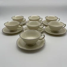 Set of 7 Lenox China MONTCLAIR Cups & Saucers Ivory w/ Platinum Trim