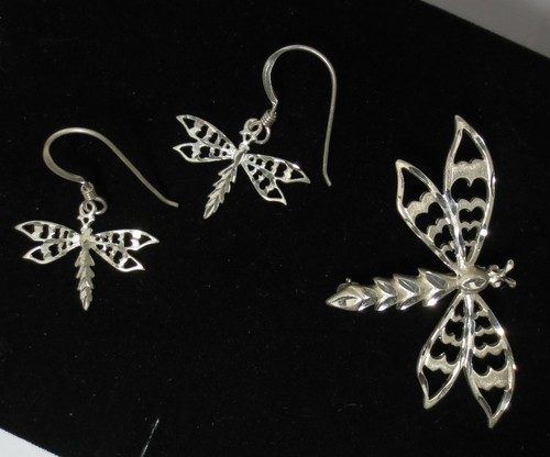 Dragonfly Sterling Silver Brooch Earring Set Etched Dangle Flying Insect Pin 925 - Picture 9 of 11
