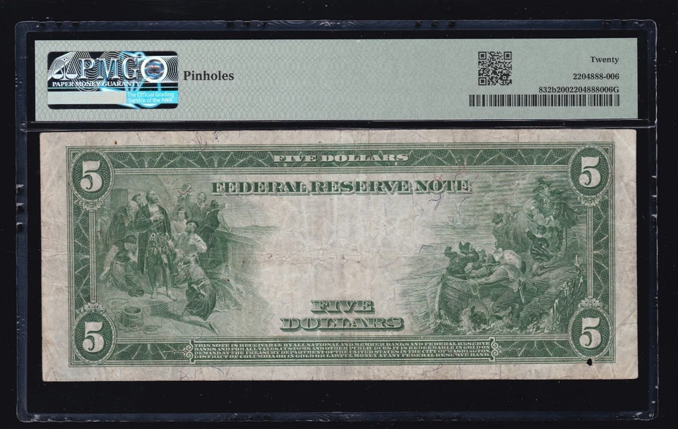 US 1914 $5 FRN Boston District Red Seal FR 832b PMG 20 (308) - Image 2 of 2