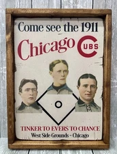 1911 Chicago Cubs Tinker Evers Chance Rustic Art Wood Baseball Card Sign 12x16