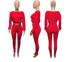 Women Knitted Ribbed Long Sleeve Top Pencil Pants Active Wear 2PC Set Outfits K