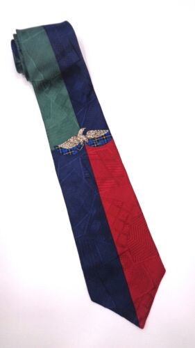 CLAIBORNE Vintage Silk Necktie USA Designer GEOMETRIC Eagle Red/Blue/Green EUC