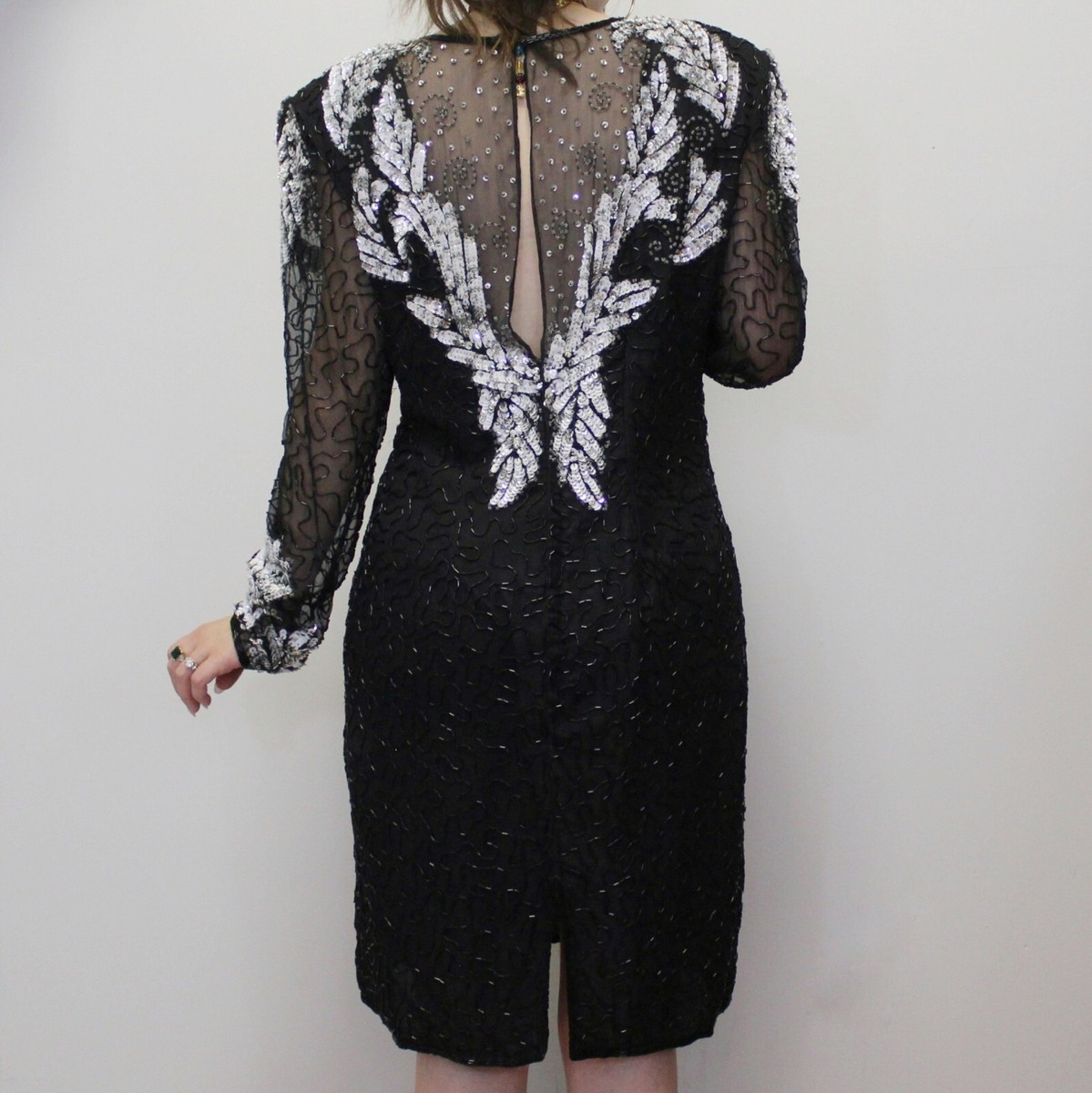 laurence kazar beaded dress Vintage 80s Silk Heavily Sheer Cocktail by New York Laurence Kazar Size Vintage Laurence Kazar White/ Silver/