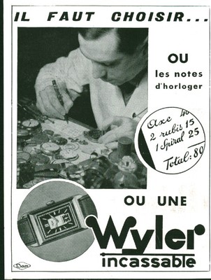 Reklame alte Wyler Uhr unzerbrechlich 1933 aus Zeitschrift