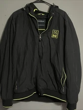 PSYCHO BUNNY Men's Large Niles Lined Jacket Hooded Zip Drawstring Black/Green