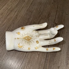 Vintage Palmistry Hand Ring Holder Fortune Chakra Decor Sculpture White & Gold