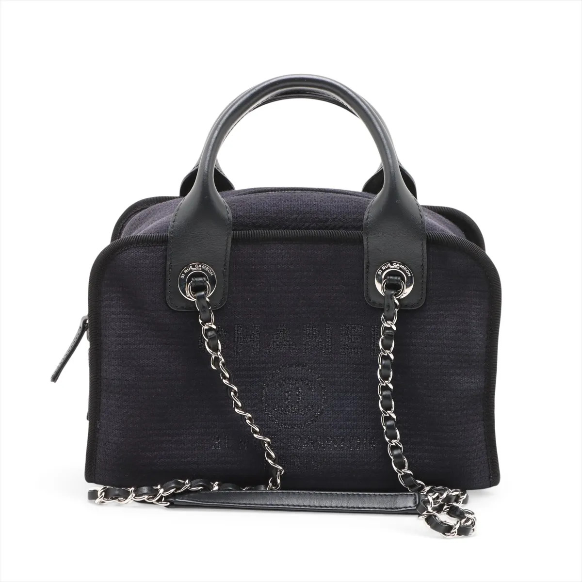 Chanel Deauville canvas x lambskin 2 Way Handbag Navy Blue Silver Metal Fittings