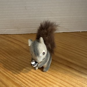 Vintage 3.5" Tall Made in Japan Flocked Squirrel Holding Nut Figurine