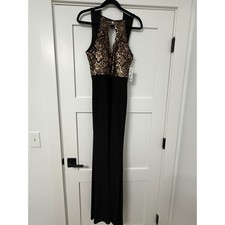 Nightway Gold Sequin Black Formal Gown Keyhole Evening Dress Size 8 NWT