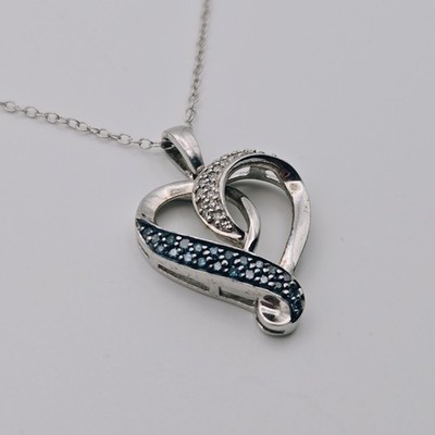Diamant Herz Anhänger & Halskette Präsidium geprüft, 925 Silber Vintage, blau & weiß 