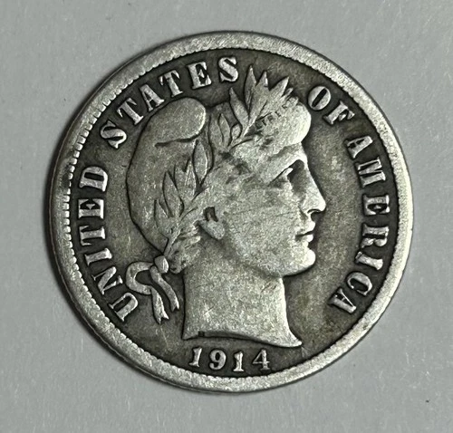 1914 Barber Dime 90% Silver US Coin XF Full Liberty Original