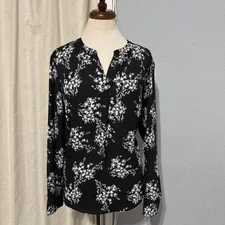 Simply Vera Wang Blouse Black Women Roll Tab Popover Sleeve Chiffon Floral L
