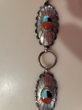 Silver concho belt with inlaid turquoise, coral and jet stones 40 slightly used