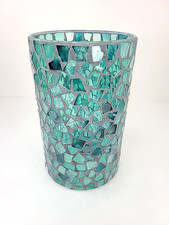 Large Glass mosaic candle holder vase container Blue 8" x 5"
