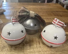 3 Large Brass Jingle Bell Christmas Ornaments Oversize 2.5” - 3” White/ Metal