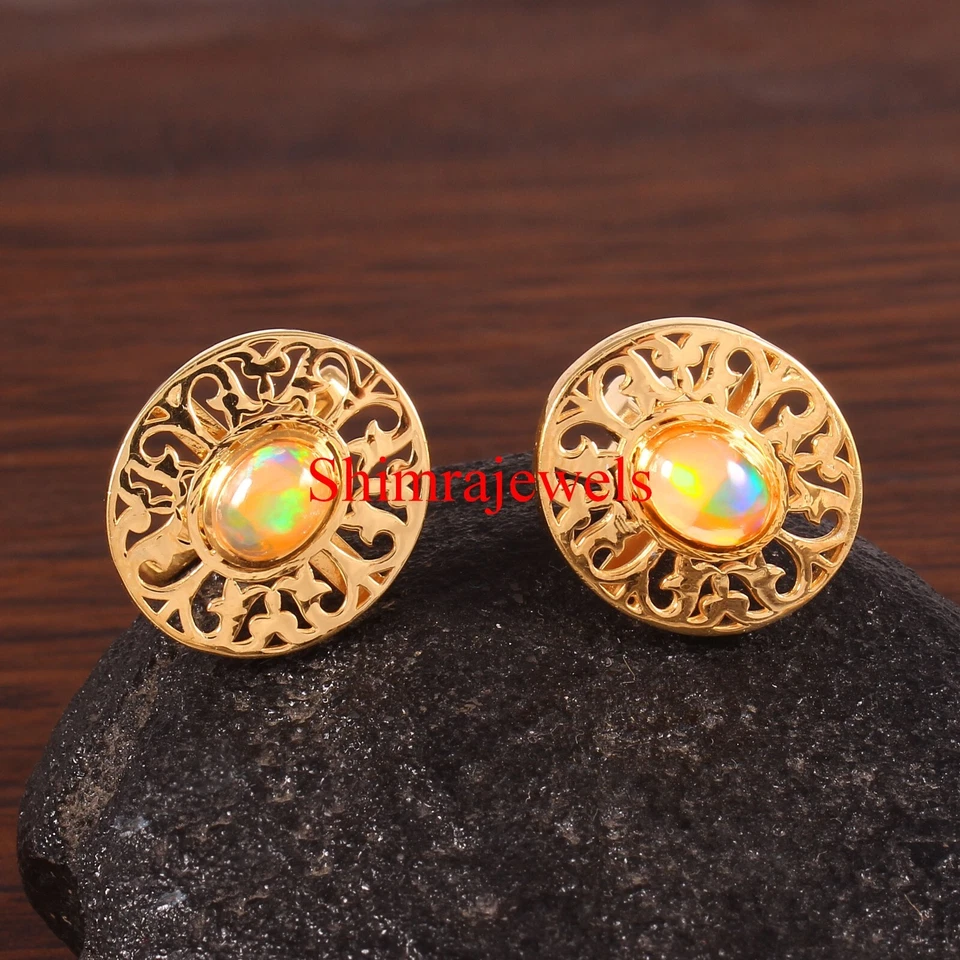 Piedra preciosa de ópalo de fuego natural con gemelos de plata chapados en oro de 18 quilates #906 Foto 3 de 4