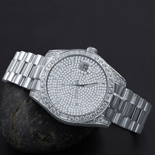 18K Solid Steel White Gold Baguette Simulated Diamond Men's President Watch 40mm - Picture 1 of 5