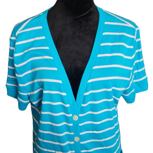 Chaps Short Sleeve Blue Striped Cotton Cardigan Sweater Women's Size XL - Picture 2 of 8