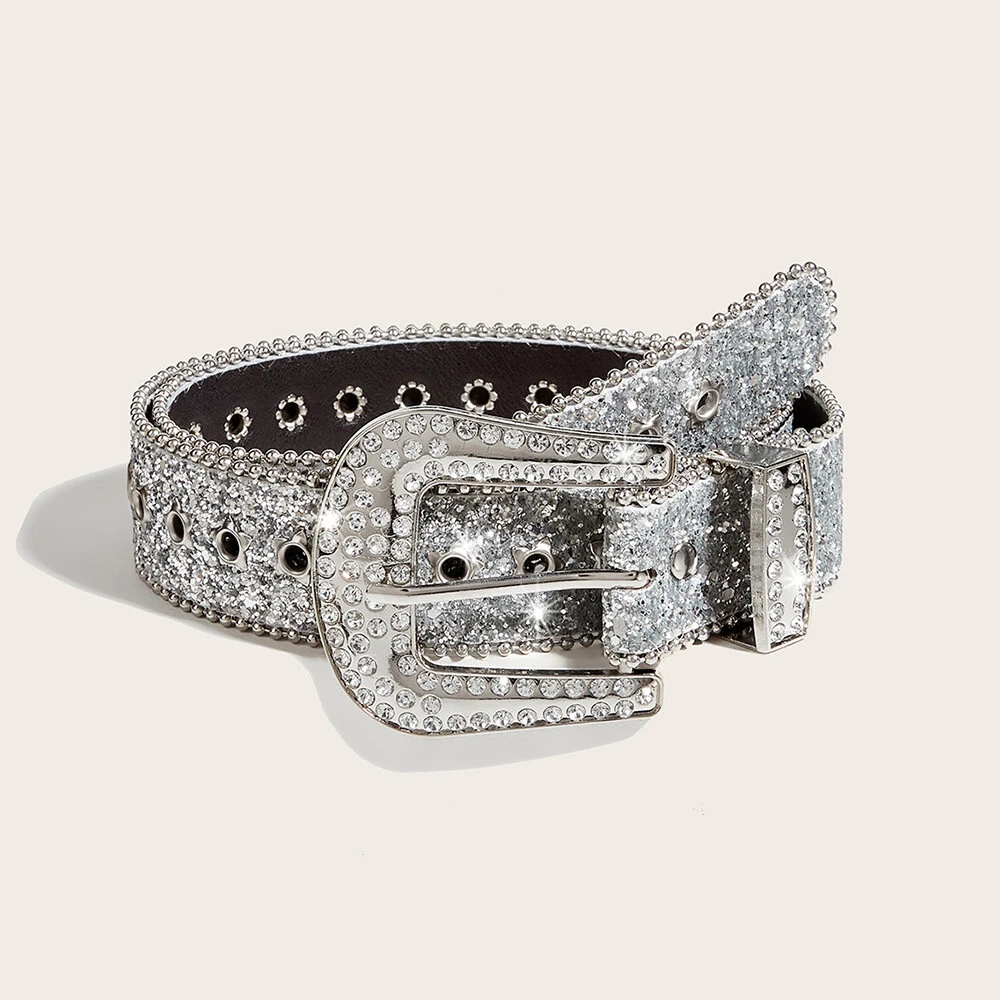 Women Goth Rhinestone Belts PU Leather Strap Rhinestone Belts