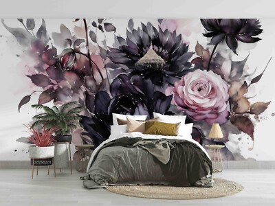 3D Watercolor Purple Floral Leaf Self-adhesive Removable Wallpaper Murals 2
