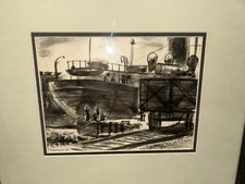 Franklin Van Court WPA Era Illinois Artist Industrial Shipyard 1934 Ink Wash!!!