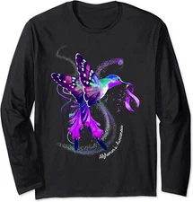 Hummingbird Holding Purple Ribbon Alzheimer Awareness Long Sleeve T-Shirt