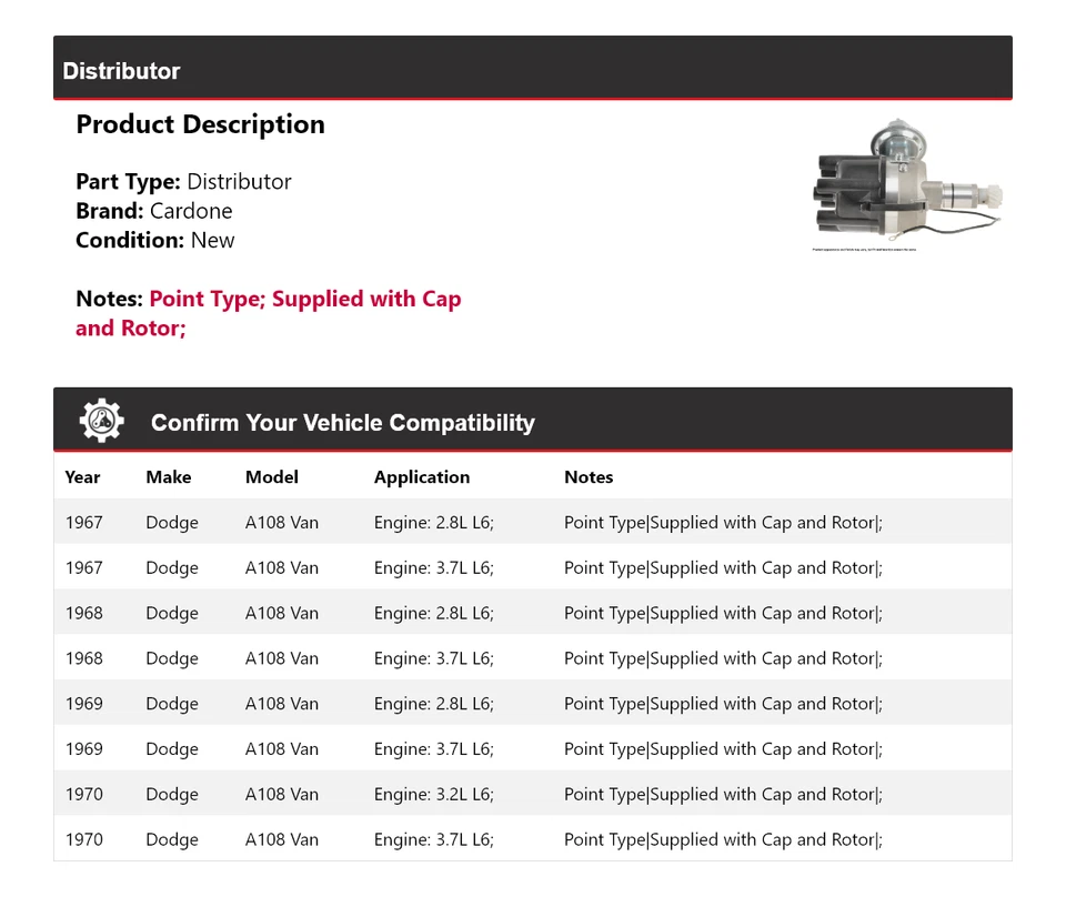 Para Dodge A108 1967-1970 Van Distribuidor Cardone 1968 1969 Foto 2 de 4