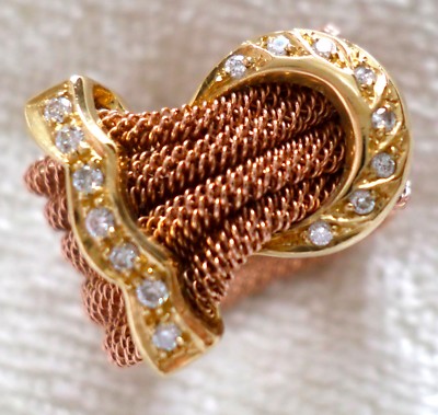 Vintage 18K Gold And Diamond Crescent Buckle Ring Woven 14K
