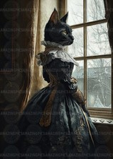 Victorian Cat Art Print Gothic Animal Portrait Winter Regal Black Feline x16