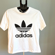 adidas Men's White Trefoil Logo Graphic Print Crew Neck T-Shirt Short Sleeve L