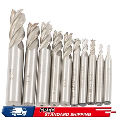 Carbide End Mills Sets 4-Flute 2mm-12mm HSS CNC Milling Cutter Bits Tool 10 Pcs