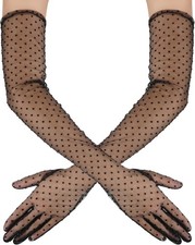 DIVINA VITAE Polka Dot Long Lace Tulle Gloves - Black Sheer Vintage Mesh Elbow 