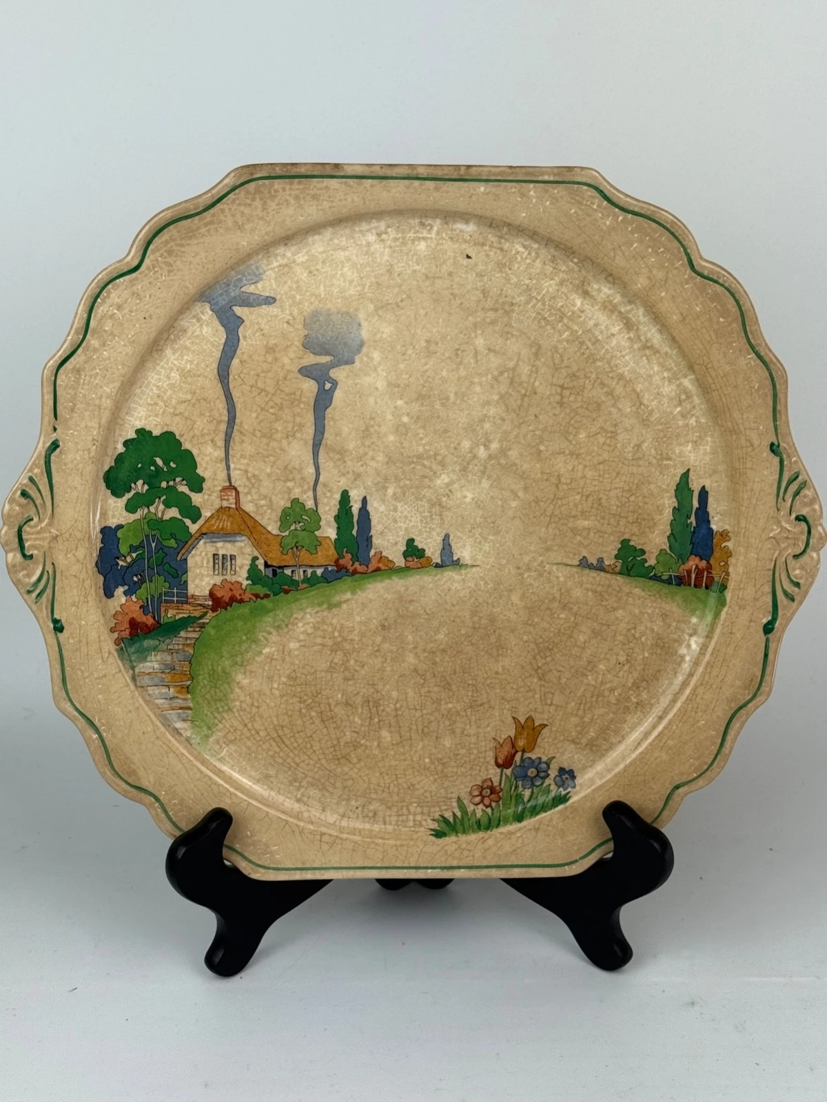 RARE Vintage Harker Hotoven English Cottage 12 Inch Ceramic Pie Plate Crackled