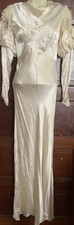 Vtg. 1930s Ivory Silk Satin Chemise Bias Cut Dress Gown Puff Long Sleeves Sz 7